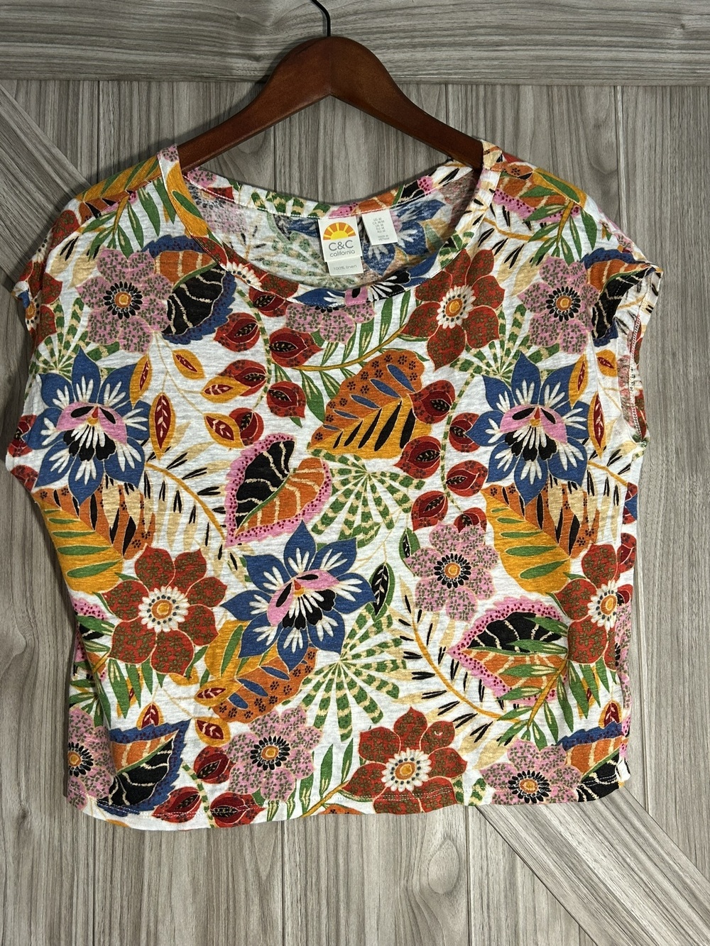 C&C California 100% Linen Tropical Floral Cap Sleeve Top